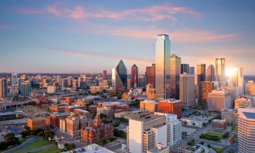 Dallas city skyline sunset