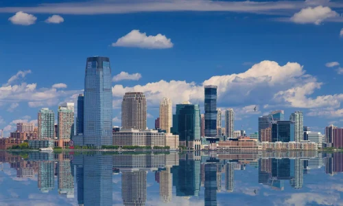 New Jersey city skyline sunny reflection