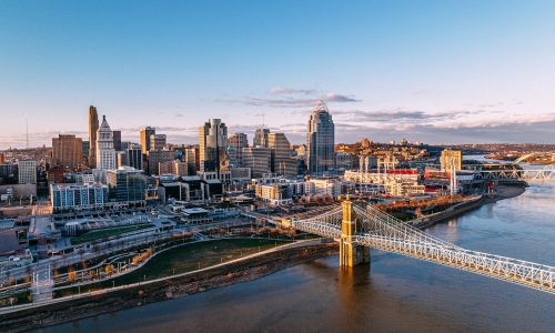 Downtown Cincinnati at Sunset and the Smale Riverfront Park along the Ohio River