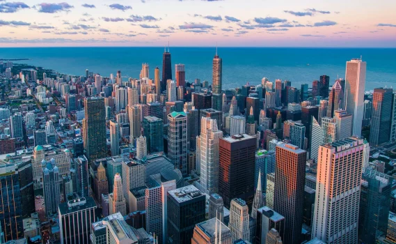 Chicago skyline sunset aerial view